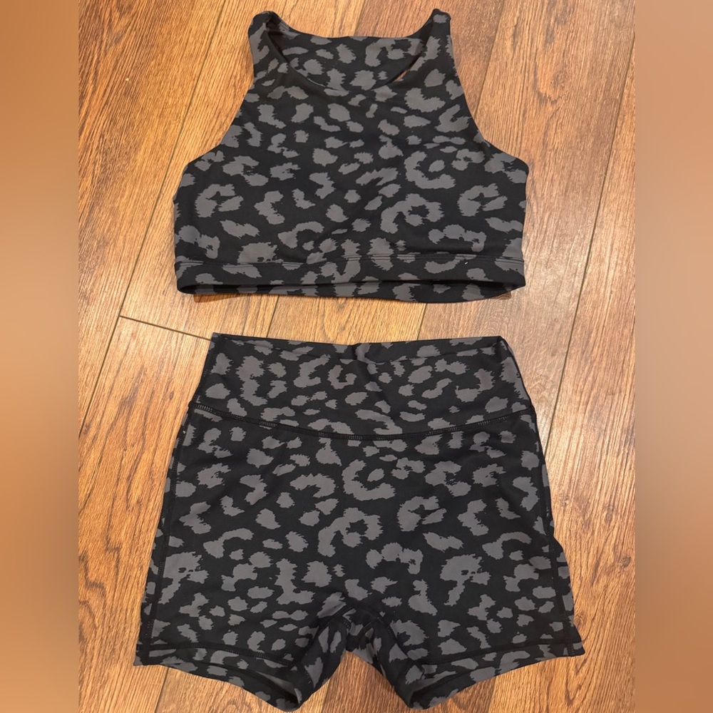 Jessica Arevalo Athletic Bike Shorts and Top in Black & Gray Leopard Print